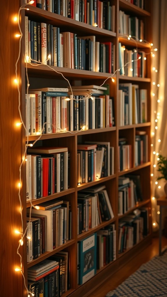 A bookshelf adorned with twinkling fairy lights, showcasing books and a cozy atmosphere.