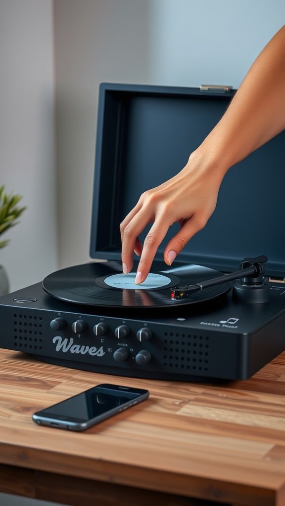 A hand adjusting the needle on a record player with a smartphone nearby