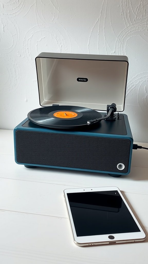 Waves Vinyl Player Bluetooth Speaker with a vinyl record and a tablet