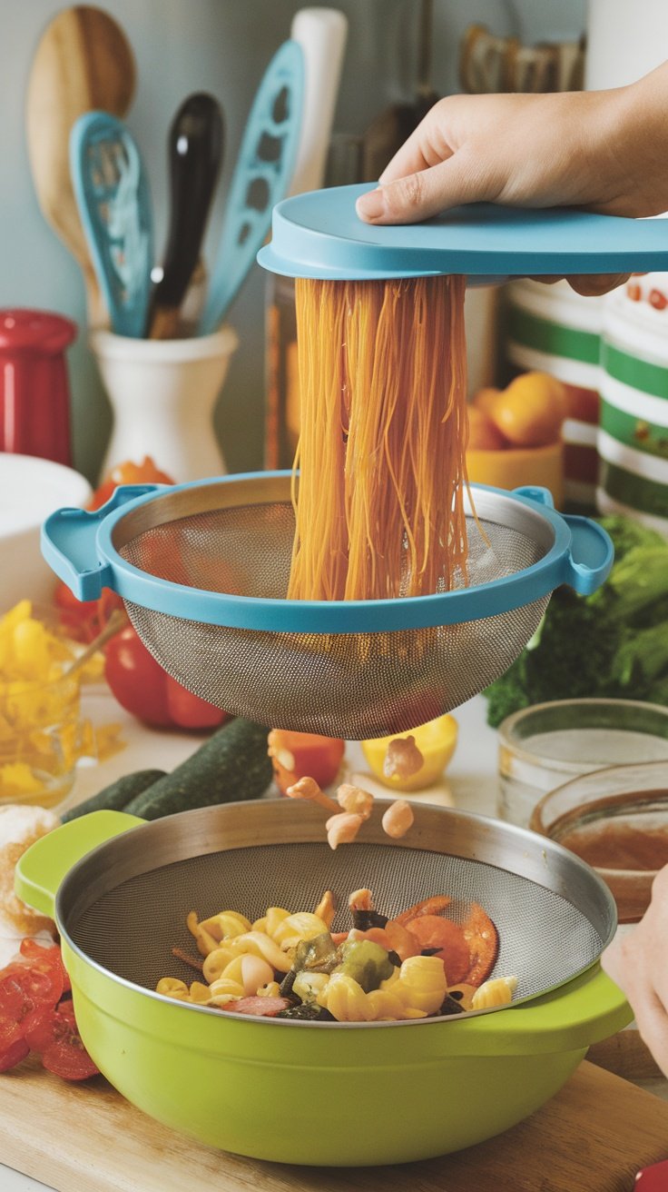 A person straining pasta using the Kitchen Gizmo Snap N’ Strain