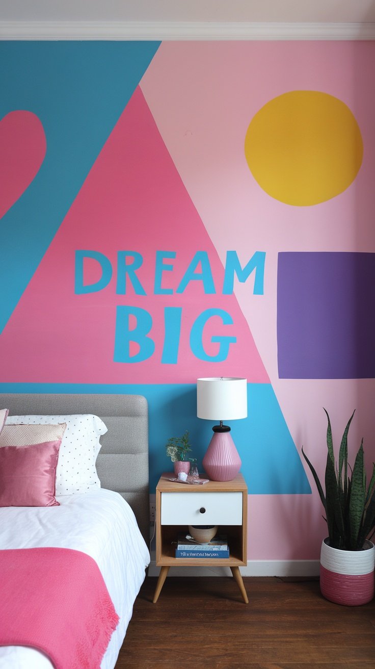 A colorful bedroom wall with geometric shapes and the words 'DREAM BIG' in playful letters.