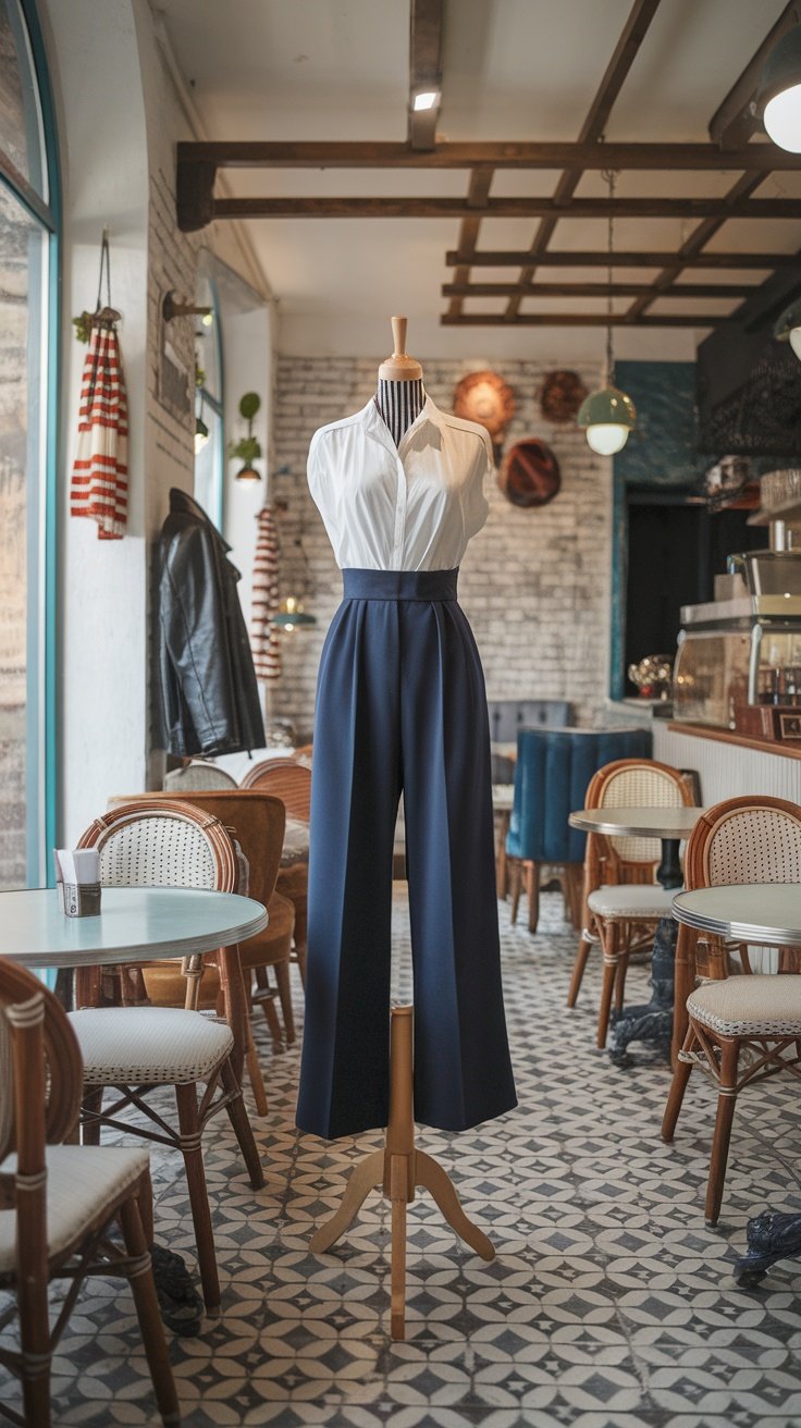 A vintage-inspired outfit featuring high-waisted pants and a white blouse, displayed in a stylish café.