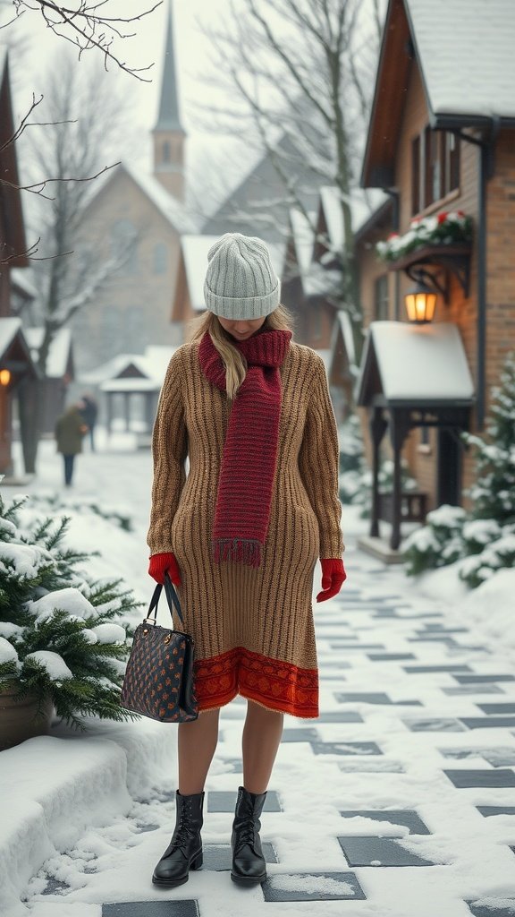 A woman wearing a vintage-inspired knit dress, scarf, gloves, and boots, walking in a snowy, winter landscape.