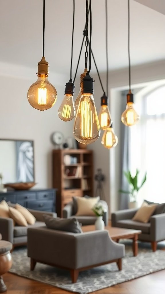 Hanging vintage bulbs in modern fixtures over a cozy living room setting