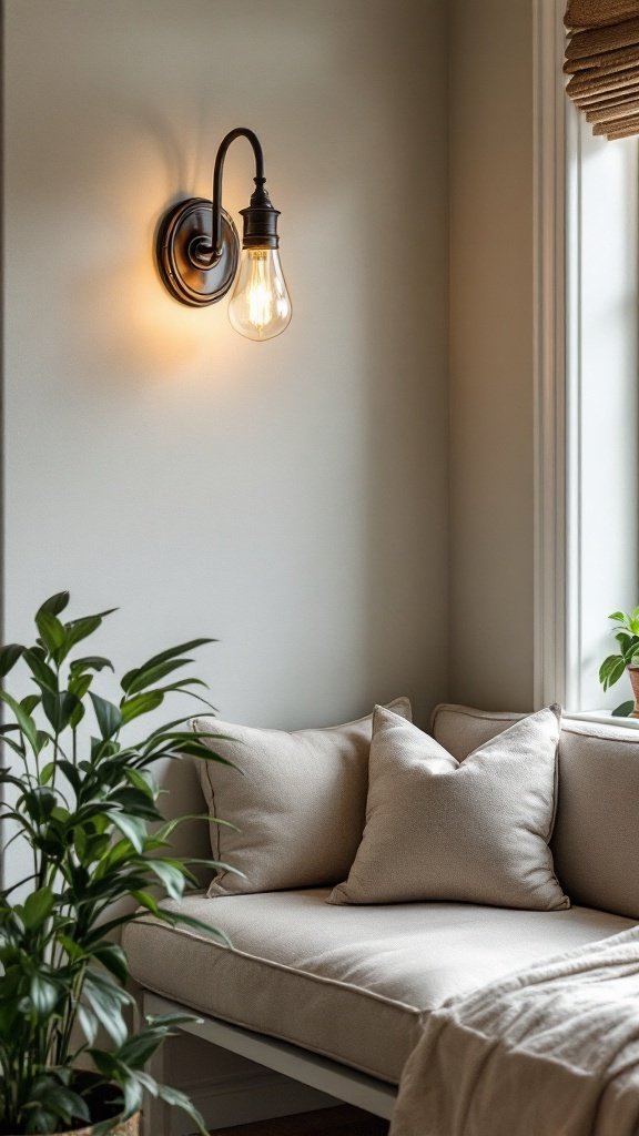 Cozy living room with vintage wall sconce near an orange couch, plants, and bookshelves.