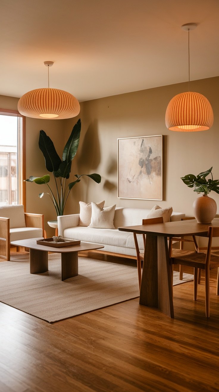 A warm and inviting organic modern living room featuring pendant lights, natural textures, and earthy tones.