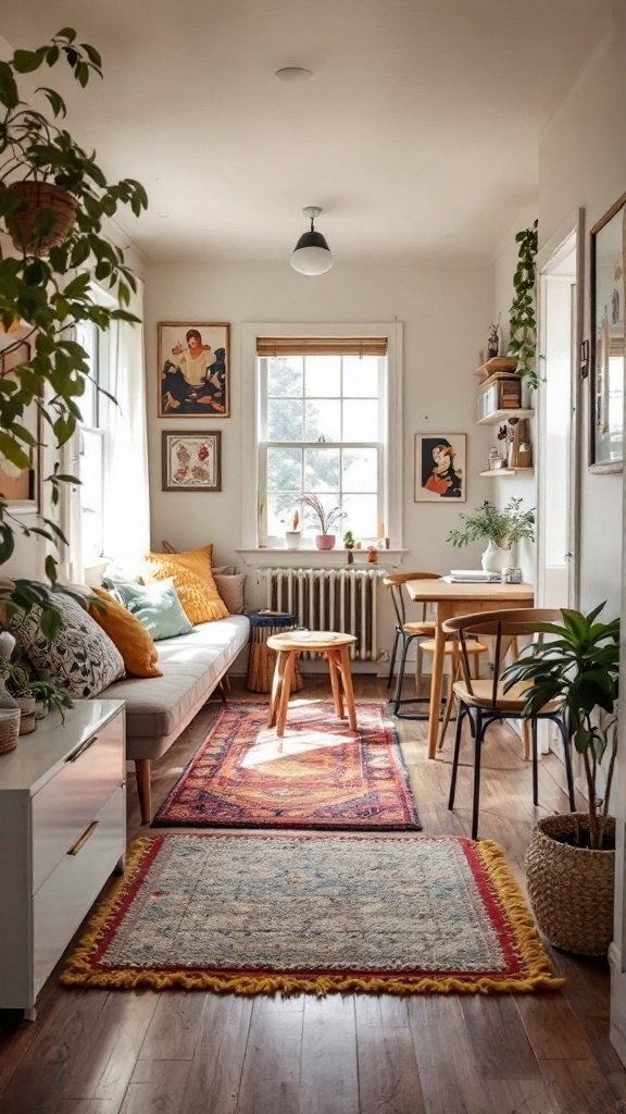 A small living and dining room space with two distinct area rugs defining the zones.